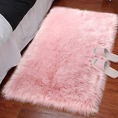 Product Cover LOCHAS Silky Soft Faux Fur Sheepskin Rug 2'x3', Fluffy Bedside Rugs for Bedroom Thick Floor Wool Carpet, Machine Washable, Pink