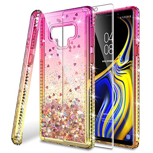 Product Cover HATOSHI Samsung Galaxy Note 9 Case with Screen Protector [1 Pack], Girls Women, Liquid Glitter Sparkle Bling Clear Cute Protective Phone Cover for Galaxy Note 9 -Pink/Gold