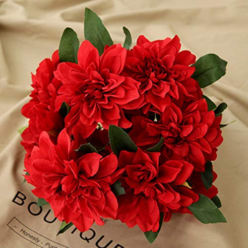 Product Cover Homyu 10 Heads Dahlia Fake Flowers Artificial Dahlia Flowers Faux Flowers for Home Wedding Party Office Supplies (Red)