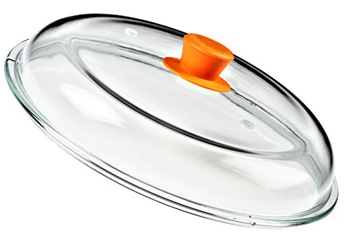 Product Cover Bezrat Microwave Glass Plate Cover | Splatter Guard Lid with Easy Grip Silicone Handle Knob | 100% Food Grade | BPA Free and Dishwasher Safe | Fits Plates and Bowls 11 x 2 inches (Orange)