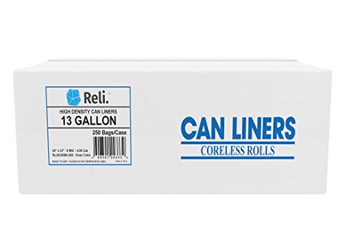 Product Cover Reli. 13 Gallon Trash Bags (250 Count) Clear Trash Bags 13 Gallon - Recycling Clear Can Liners 13 Gallon - 16 Gallon Tall Kitchen Garbage Bags (13 Gal)