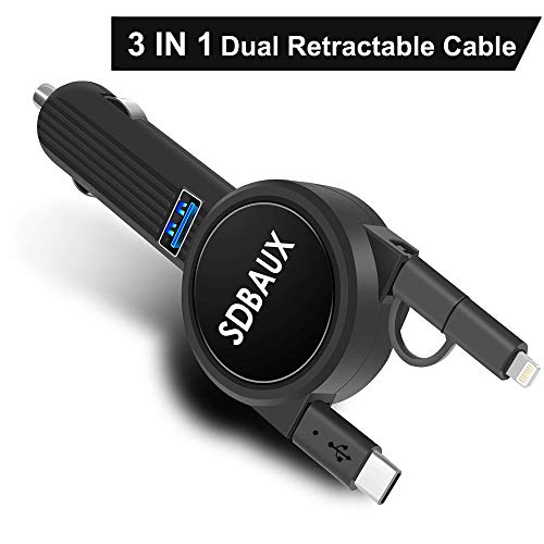 Product Cover SDBAUX Car Charger with 2.3ft Dual Retractable Cable,Multi 3 in 1 Adapter Compatible Samsung Galaxy S9 S8 Note 8 LG V30 G5 Google Pixel XL,iPhone Xs Max XR X 8 7 6 Plus,Android Devices & 1 USB Port