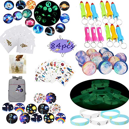 Product Cover Outer Space Party Favors Supplies,Tattoo Sticker Bouncy Ball Bracelet Space Badge Luminous Ball Helicopter Flashlights Keychain Gift Bag Accessories Kit for Kids Birthday Party Gift,Stocking Stuffers