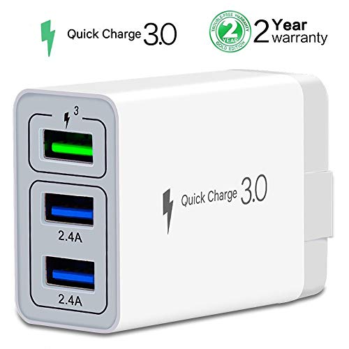 Product Cover Wall Charger Fast Adapter,[ QC 3.0 + 2 USB ] Fast Wall Charger 3 Ports Tablet iPad Phone Fast Charger Adapter Quick Charge 3.0 Travel Plug Compatible Samsung, LG, HTC, iPhone More (1 Pack White)
