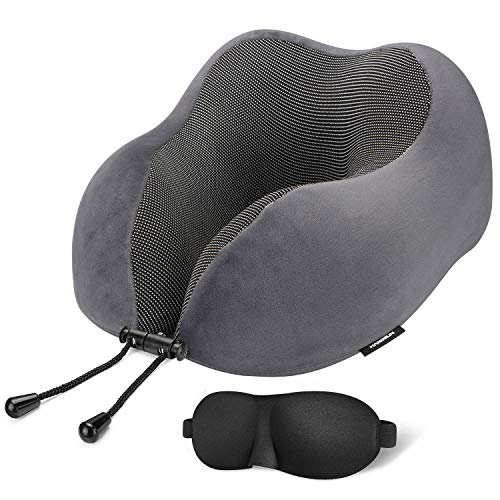 Product Cover HANGSUN Travel Pillow 100% Pure Memory Foam Neck Pillows for Airplanes with 3D Sleep Eye Mask, Comfortable and Breathable Cover Machine Washable, Improved Design for Head Support, Car and Home Use