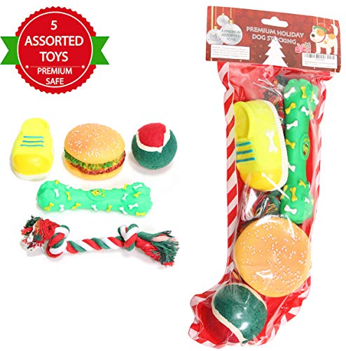 Product Cover MOMONI Premium 5 Piece Dog Christmas Stocking Set with Dog Toys Assorted Squeaky Toys of Dog Boot Toy and Bone, Knotted Rope Toy, Dog Squeaky Ball Perfect for Christmas Stockings for Dogs