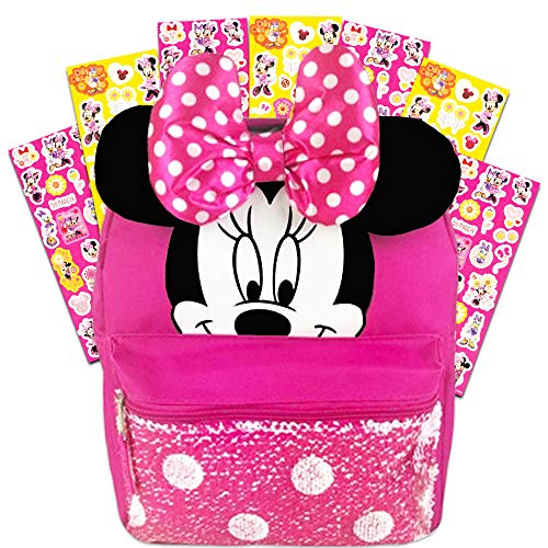 Product Cover Disney Minnie Mouse Backpack for Girls Toddlers Kids ~ Deluxe 12 Inch Minnie Preschool Toddler Backpack with Ears, Bow and Magic Reversible Sequins and Stickers (Minnie Mouse School Supplies)
