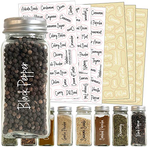 Product Cover Talented Kitchen 200 Script Spice Label Combo - 200 Black & White Preprinted Labels: Most Common Spice Names in 2 Letter Colors on Clear Stickers. Waterproof, Spice Jar Labels Spice Rack Organization