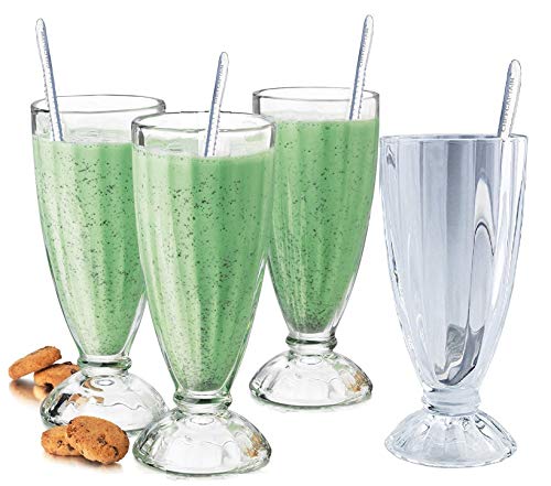 Product Cover Fountain Shoppe Classic, Milk Shake, Ice Cream Soda Glass, 12-Ounce, Clear With Long Stainless Steel Spoons 4 PACK By Chefcaptain (4 Glaases 4 Long Spoons)