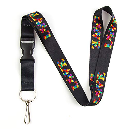 Product Cover Autism Awareness Love Puzzle Piece Lanyard Keychain and ID Holder with Detachable, Breakaway Buckle for Keys or Badge | Polyester Necklace (Black)