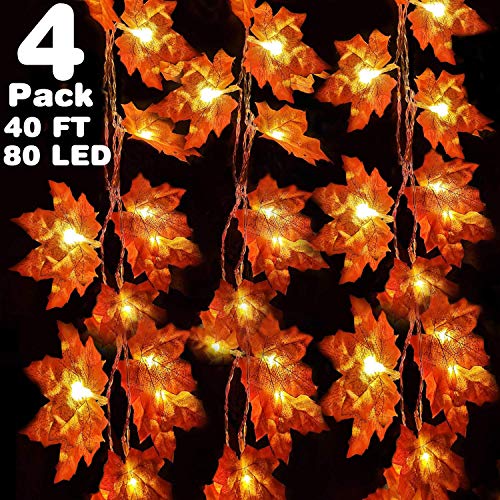 Product Cover Grandeals 4 Pack Fall Maple String Light,Total 40Ft / 80 LED Lights Garland Wreath Decorations for Party Thanksgiving Christmas Festival Decor Indoor Home Outdoor Garden Gift
