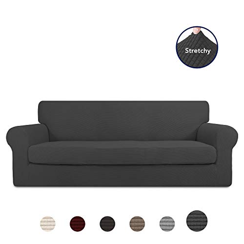 Product Cover PureFit 2 Pieces Stretch Slipcover for 3 Cushion Couch - Spandex Non-Slip Soft Fitted Sofa Couch Cover, Washable Furniture Protector with Non Skid Elastic Bottom for Kids (Oversized Sofa, Dark Gray)