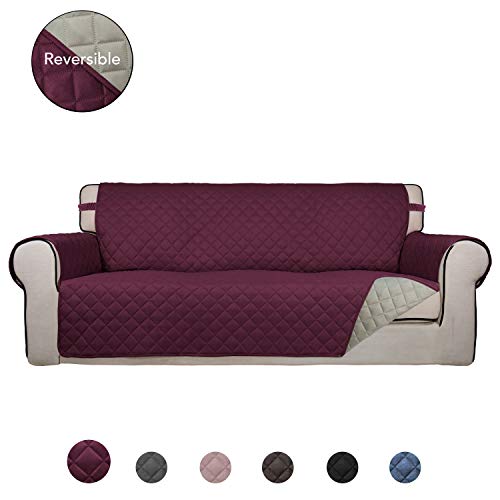 Product Cover PureFit Reversible Quilted Sofa Cover, Water Resistant Slipcover Furniture Protector, Washable Couch Cover with Non Slip Foam and Elastic Straps for Kids, Dogs, Pets (Sofa, Wine/Beige)