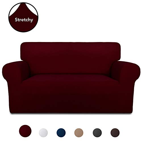 Product Cover PureFit Super Stretch Chair Sofa Slipcover - Spandex Non Slip Soft Couch Sofa Cover, Washable Furniture Protector with Non Skid Foam and Elastic Bottom for Kids, Pets （Loveseat， Wine）