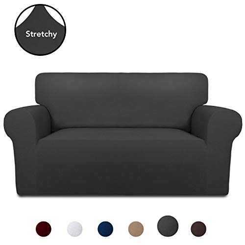 Product Cover PureFit Super Stretch Chair Sofa Slipcover - Spandex Non Slip Soft Couch Sofa Cover, Washable Furniture Protector with Non Skid Foam and Elastic Bottom for Kids, Pets （Loveseat， Dark Gray）