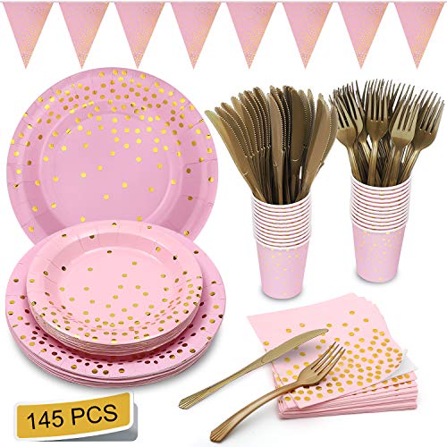 Product Cover Pink and Gold Party Supplies Golden Dot Pink Themed Party Decoration Set Includes Paper Plates Napkins Knives Forks Cups Banner for Bachelorette, Girl Birthday, Baby Shower, Serves 24