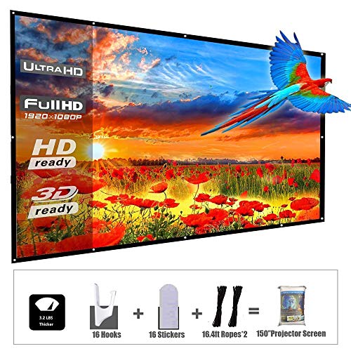 Product Cover YF2009 Updated 150 Inch Portable Projector Screen, 16:9 HD Foldable Anti Crease Indoor Outdoor Movie Projection Screen for Camping/Home Theater/Office/Party - with Hooks and Ropes