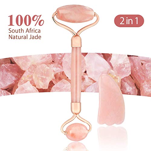 Product Cover Jade Roller and Gua Sha - Natural Rose Quartz Massager Roller for Facial Eyes Neck Body - Jade Stone Originate From South Africa(Pink)
