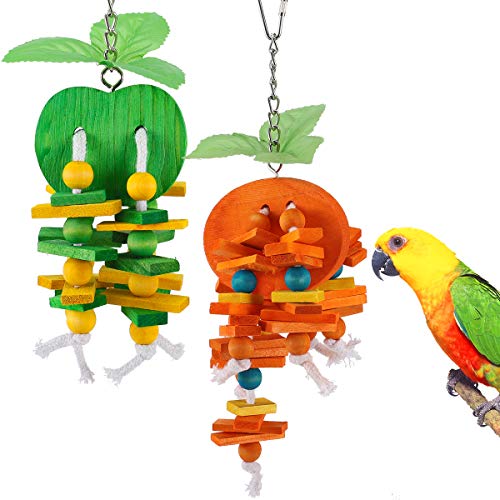Product Cover MEWTOGO 2 Pack Natural Wood Block Parrot Chew Toys- Orange&Apple Shaped Hanging Cage Chewing Foraging Toy for Eclectus Budgies Parakeet Cockatiel Conure Lovebirds Small&Medium Birds