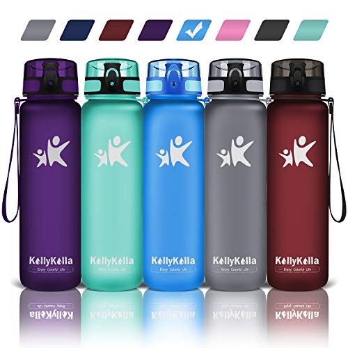 Product Cover KollyKolla Sports Water Bottles 32oz,27oz,17oz,12oz,Reusable Plastic Water Bottle with Time Marker and Filter, BPA Free Tritan Kids Flip Top Water Bottle for Gym, Bike, Yoga, Running(380ml Matte Blue)