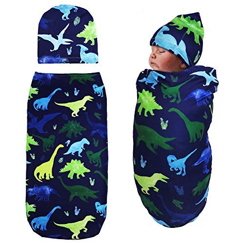 Product Cover Newborn Swaddle Sack with Baby Hat Sleeping Sack Soft&Stretchy Cotton Newborn Photography Prop Baby Shower Gift for 0-3 Months Baby Boys by TIANNUOFA(Watercolor Dinosaur)