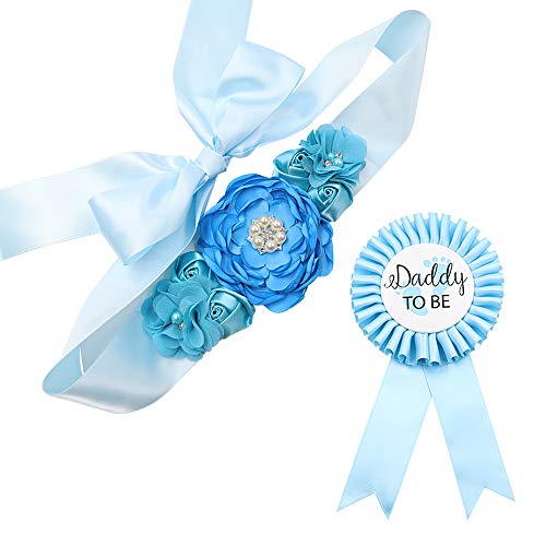 Product Cover TTCOROCK Sky Blue Maternity Sash & Daddy to be Corsage Set - Baby Shower Sash Baby Boy Pregnancy Sash Keepsake Baby Shower Flower Belly Belt