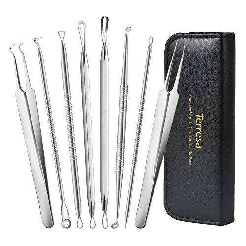 Product Cover Blackhead Remover Pimple Extractor Tool, Terresa 8pcs Blackhead Extractor, Comedone Extractor Acne Removal Kit for Blemish, Whitehead Popping, Zit Removing for Nose Face with Leather Bag