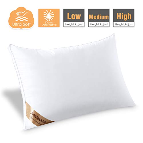 Product Cover Agedate Adjustable Down Alternative Bed Pillows for Sleeping, Hypoallergenic Microfiber Fill Pillow, Soft Also Supportive, Easy to Care, Relief for Neck and Headache Pain, Queen Size, (1 Pack)