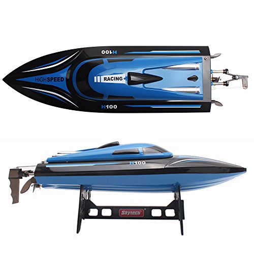 Product Cover SZJJX RC Boat 2.4Ghz 25KM/H High Speed 4 Channels Remote Control Electric Racing Boat for Pools & Lakes Automatically 180° Flipping Transmitter with LCD Screen Blue