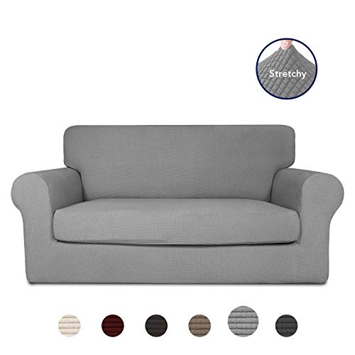 Product Cover PureFit 2-Piece Stretch Slipcover for 2 Cushion Couch - Spandex Jacquard Non-Slip Soft Fitted Sofa Couch Cover Washable Furniture Protector with Non Skid Elastic Bottom for Kids (Loveseat, LightGray)