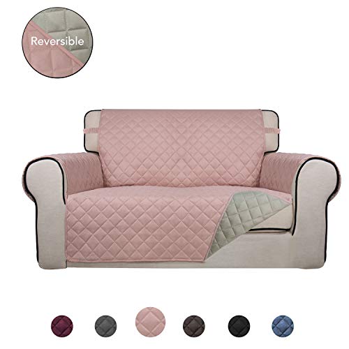 Product Cover PureFit Reversible Quilted Sofa Cover, Water Resistant Slipcover Furniture Protector, Washable Couch Cover with Non Slip Foam and Elastic Straps for Kids, Dogs, Pets (Loveseat, Pink/Beige)