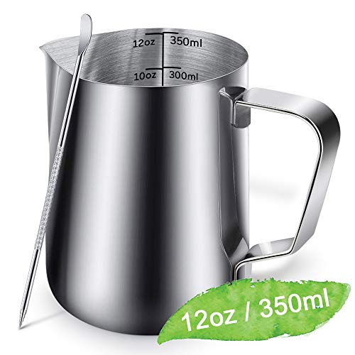 Product Cover Milk Frothing Pitcher Jug - 12oz/350ML Measurements Steaming Pitchers, Stainless Steel Coffee Tools Cup, Espresso, Latte Art and Frothing Milk, Attached Latt Art Pen
