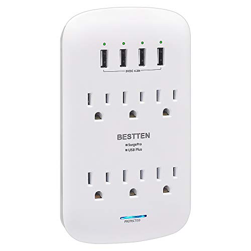 Product Cover BESTTEN USB Wall Outlet Surge Protector (1200 Joules), 6 Grounded Outlets with 4 USB Charging Ports (5V/4.2A) and Top Phone Holder, ETL Listed, White