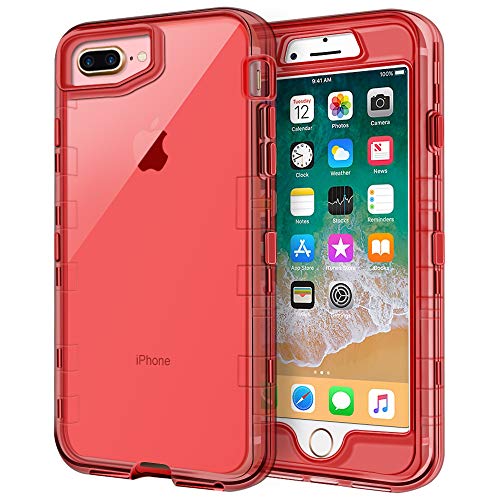 Product Cover iPhone 8 Plus Case, iPhone 7 Plus Case, Anuck Crystal Clear 3 in 1 Heavy Duty Defender Shockproof Full-Body Protective Case Hard PC Shell & Soft TPU Bumper Cover for iPhone 7 Plus/8 Plus - Clear Red