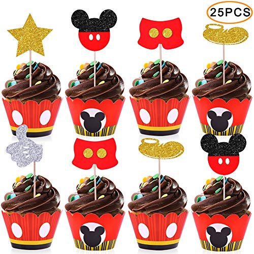 Product Cover Mickey Cupcake Toppers Wrappers Kids Birthday Micky Party Supplies-25 Topper 25 Wrappers
