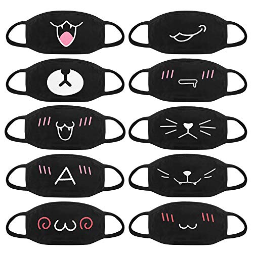 Product Cover Accmor Fashion Anime Mouth Mask, 10 Pack Black Cute Unisex Anti-Dust Bear Face Mouth Kawaii Muffle Mask for Kids Teens Men Women, Windproof Motorcycle Face Emoticon Masks for Ski Cycling Camping