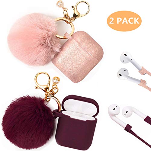 Product Cover Airpods Case, Filoto Airpod Case Cover for Apple Airpods 2&1 Charging Case, Cute AirPods Silicon Case with Airpods Accessories Keychain/Skin/Pompom/Strap 2019 Winter Series (Burgundy+Rose Gold)