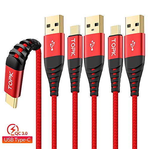 Product Cover TOPK USB C Cable,USB C to A Cable(3-Pack,3ft,3ft,3ft),Support QC 3.0 3A Fast Charging Cable Nylon Braided Sync Data Transfer Cord Suit for Samsung S10/S9/S8,Note 9/8,Pixel,LG G6/G5,HTC,Moto(Red)