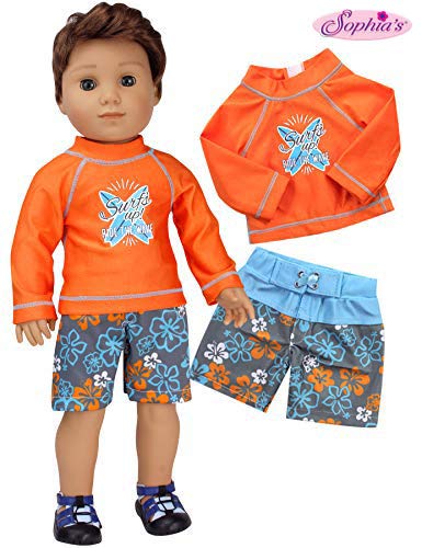 Product Cover Sophia's Bathing Suit and Rash Guard for 18 inch Boy Doll | Orange Surf Shirt and Floral Print Swim Trunks