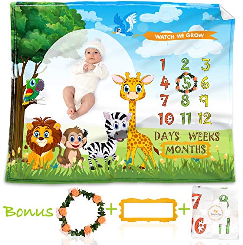 Product Cover Baby Monthly Milestone Blanket for Boys & Girls, Months, Weeks, Days Photo Prop Blanket, Soft Flannel Fleece Decorative Blanket-100% Wrinkle-Free Huge 48