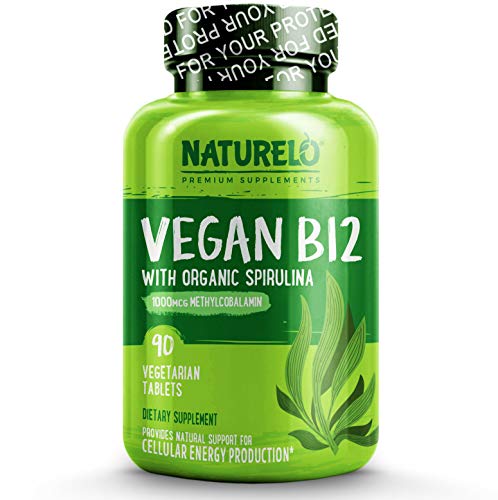 Product Cover NATURELO Vegan B12 with Organic Spirulina - Best Natural Supplement for Energy, Metabolism and Stress - High Potency 1000 mcg B12 (Methylcobalamin) - Non GMO, Gluten Free - 90 Tablets