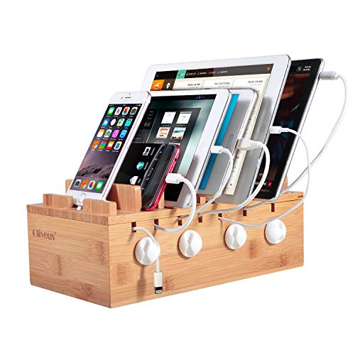 Product Cover Ollieroo Bamboo Charging Station for 7 Devices, Charging Dock Stand Organizer for Cell Phone, Tablet, Cords Cable Organizer