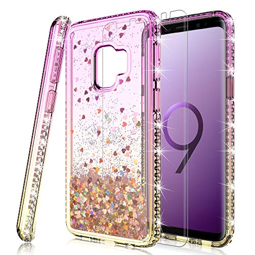 Product Cover HATOSHI Galaxy S9 Glitter Case (Not Fit S9+) with Screen Protector for Girls Women, Floating Gradient Quicksand Sparkles Bling Diamond Clear Cute Protective Case for Samsung Galaxy S9 (Pink/Gold)