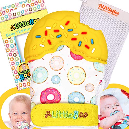 Product Cover A Little Boo Baby Teething Mitten -Teether Glove -Infants Newborn Teething Toy [Food Grade Silicone] [Teething Pain Relief] [Self Soothing] [Adjustable Strap] [Travel Bag] [Yellow]