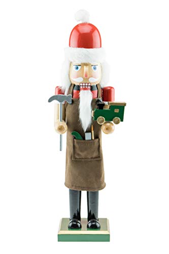 Product Cover Clever Creations Toy Maker Santa Wooden Nutcracker - Holding Toy Train and Hammer- Traditional Festive Christmas Decor - 15 inch - Perfect Holiday Decoration for Shelves and Tables - Solid Wood