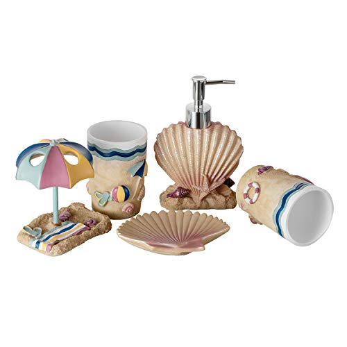 Product Cover JYXR 5 Piece Bathroom Accessories Set, 3D Beach Style Bath Ensemble, Resin Bath Set Collection Features Liquid Soap Dispenser, Toothbrush Holder, Tumbler, Soap Dish