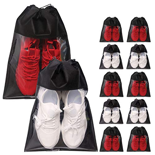 Product Cover 12 Pack Portable Shoe Bags for Travel Large Shoes Pouch Storage Organizer Clear Window with Drawstring for Men and Women Black