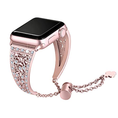 Product Cover Secbolt Bling Metal Bands Compatible with Apple Watch Band 38mm 40mm iwatch Series 5/4/3/2/1, Dressy Jewelry Diamond Cuff Bracelet Bangle Wristband Women, Rose Gold
