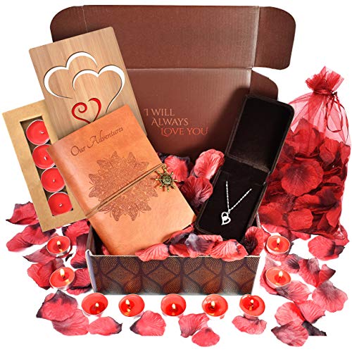 Product Cover Best Valentine's Day Gift & Anniversary Gifts For Her- INCLUDES: Sterling Silver Necklace, Leather Journal, Rose Petals, Romantic Candles & Bamboo Love Card