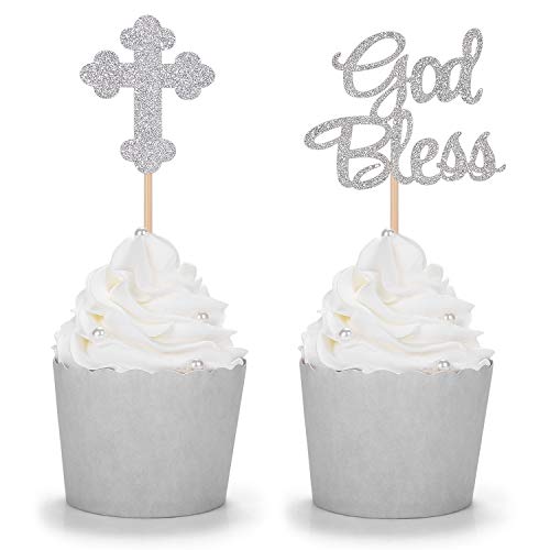 Product Cover 24 Counts Sparkly God Bless and Baptism Cupcake Toppers Christian Party Decorations - Silver